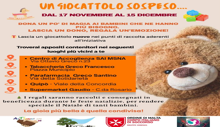 Mendicino lancia la campagna “Un giocattolo sospeso”: un gesto di solidarietà per i più piccoli