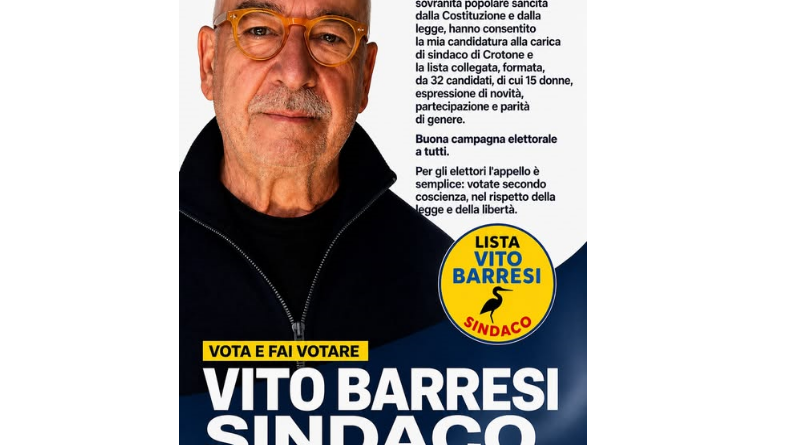 Crotone 2026: Scende in Campo Vito Barresi, la Corsa a Sindaco è a Quattro
