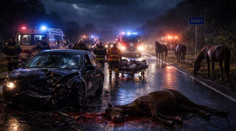 Inferno nella notte sulla SS107: scontro con cavalli vaganti costa la vita a una donna. Tre feriti gravi a Caccuri