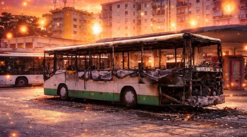 Fiamme in pieno centro a Cosenza: autobus distrutto dal fuoco all’autostazione, panico tra i passanti