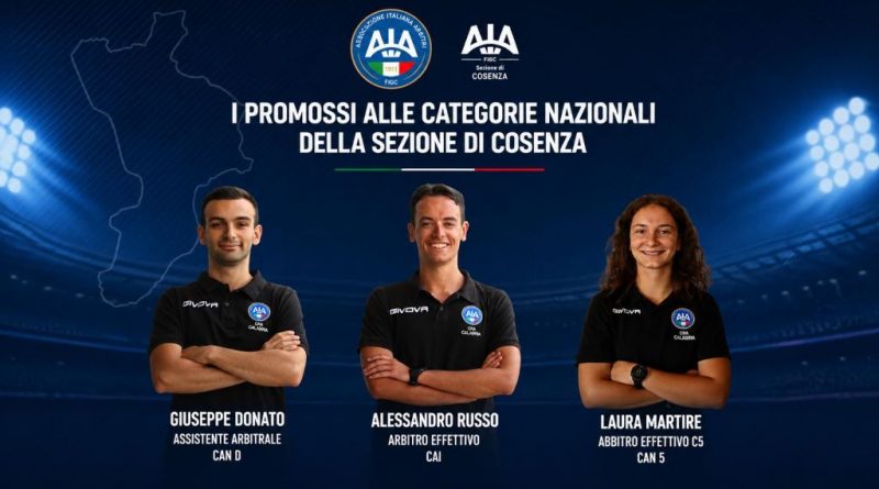 AIA Cosenza, tre fischietti volano ai ruoli nazionali: promossi Russo, Donato e Martire