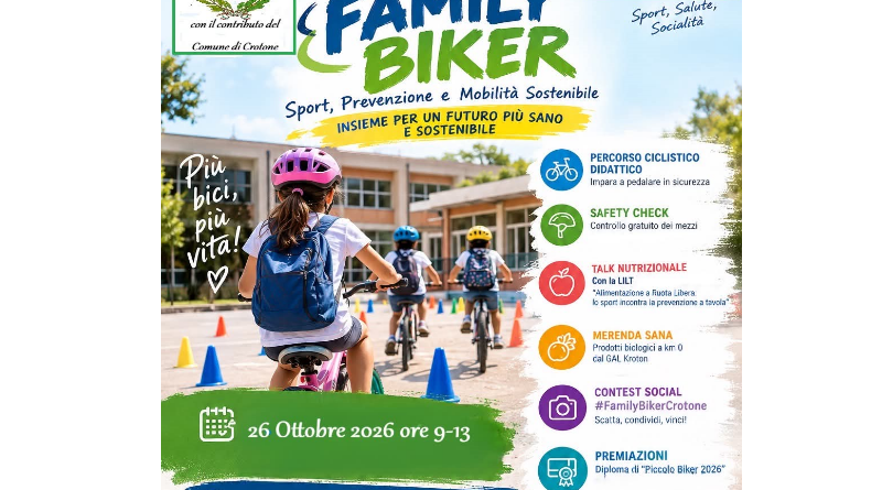 Family biker, a Crotone sport, prevenzione e mobilità sostenibile: una giornata per scuole e famiglie