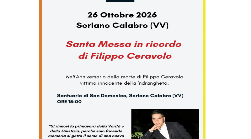 Memoria e riscatto a Soriano Calabro: il 26 ottobre la Santa essa in ricordo di Filippo Ceravolo, vittima Innocente di ‘ndrangheta